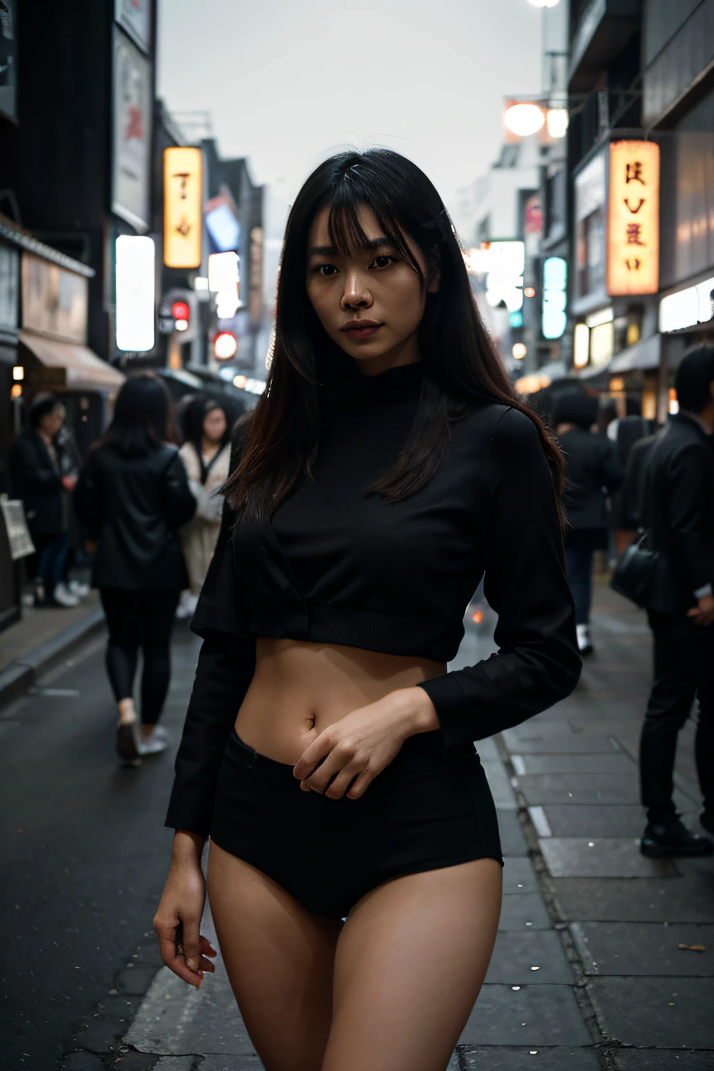 18 jear old Girl sit in destroyed city turned into a giant taller than buildings with belly