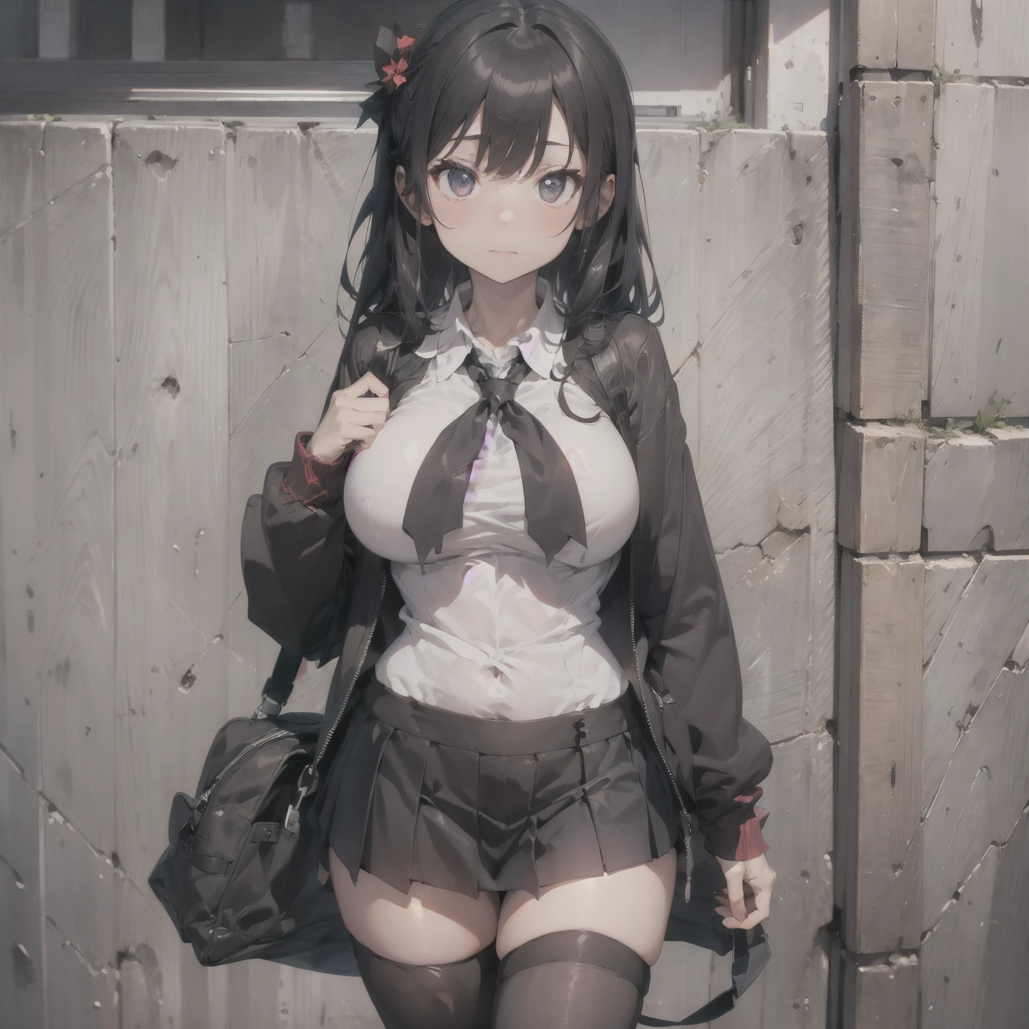 (1 girl standing:1.3), (solo:2.0), (huge perky breasts:2.0), (thin waist:1.3), (thin long legs:1.5), (black thighhighs:1.3), (very short miniskirt:1.8), nose blush, embarrassed, school uniform, cardigan, pussy juice