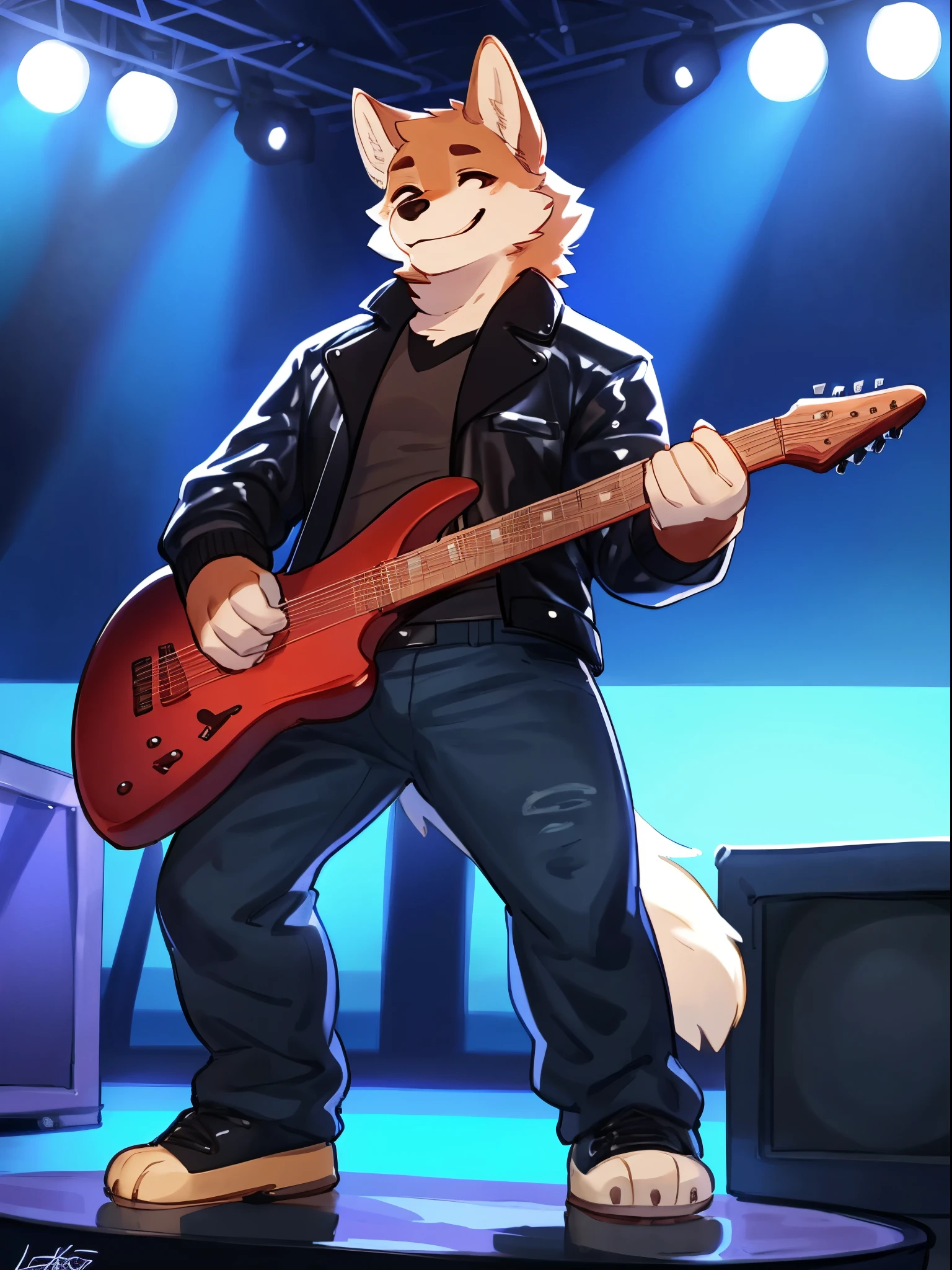 By bebebebebe, by lostgoose, by goonie-san, solo, wolf, cute, short, smiling, happy, leather jacket, jeans, standing, male, (playing electric guitar)), rock concert, standing on stage