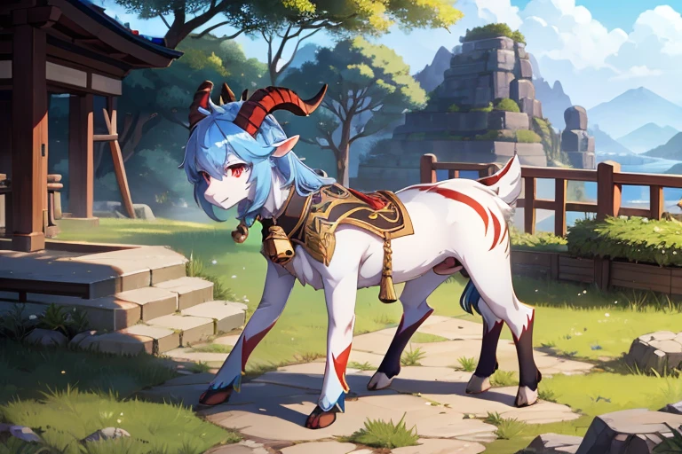 outside, goat, daylight, horns, blue hair, detached sleeves, bell, animal, ganyu, four legs, black horns with red stripes, sleeves, pants