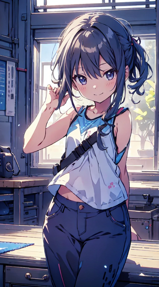 masutepiece, Best Quality,Illustration, Wallpaper, ultra -detail, 1little girl、♡、Futomo、Poses in motion、soft smiling、Summer scenery、Tank tops、breeches