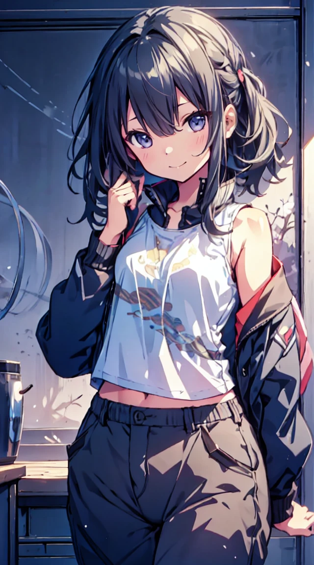 masutepiece, Best Quality,Illustration, Wallpaper, ultra -detail, 1little girl、♡、Futomo、Poses in motion、soft smiling、Summer scenery、Tank tops、breeches