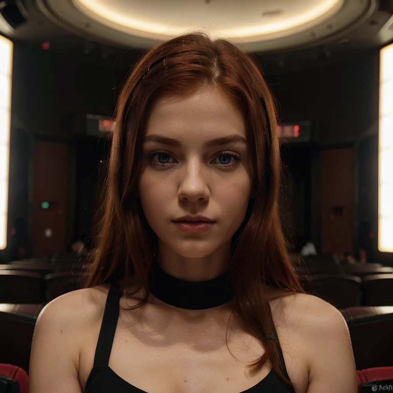 A Caucasian red hair mid 20s girl, fit, staring at the viewer, fit realistic at the movie theater somewhere in Eastern Europe, glowing hazel greenish eyes, intense, blood red and black uniform, solodramatic lightinasterpiece:1.2), best quality, high resolution, beautiful detailed, extremely detailed, perfect lighting,