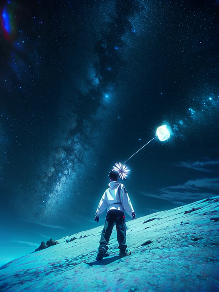 Science fiction world，An 18-year-old male boy stood in the middle with his back to，He is surrounded by stars