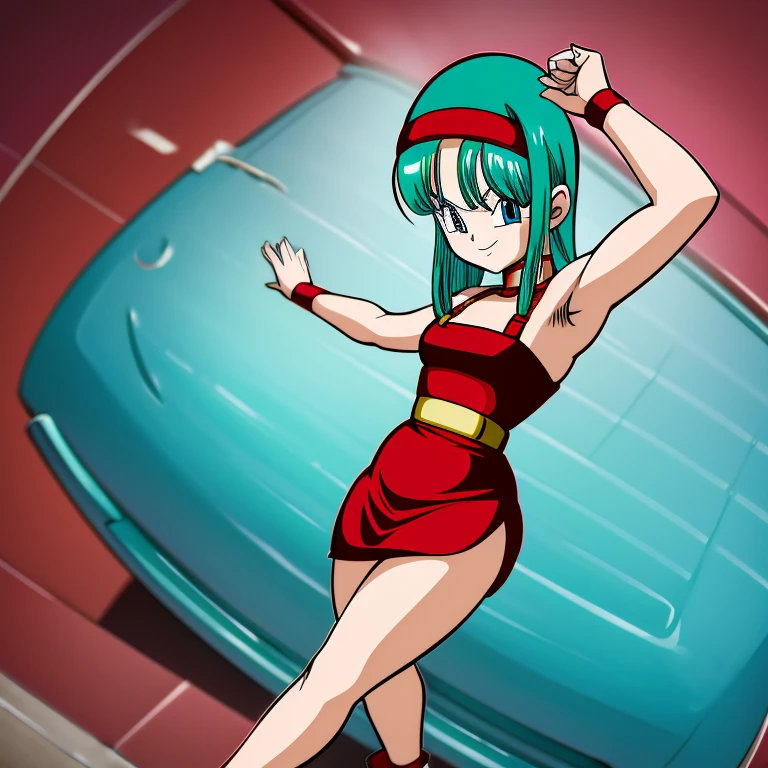 Bulla, 1 girl, solo, aqua hair, red headband, red dress, Smile, sexy poses, (trending on artstation:1.3), 2D illustration