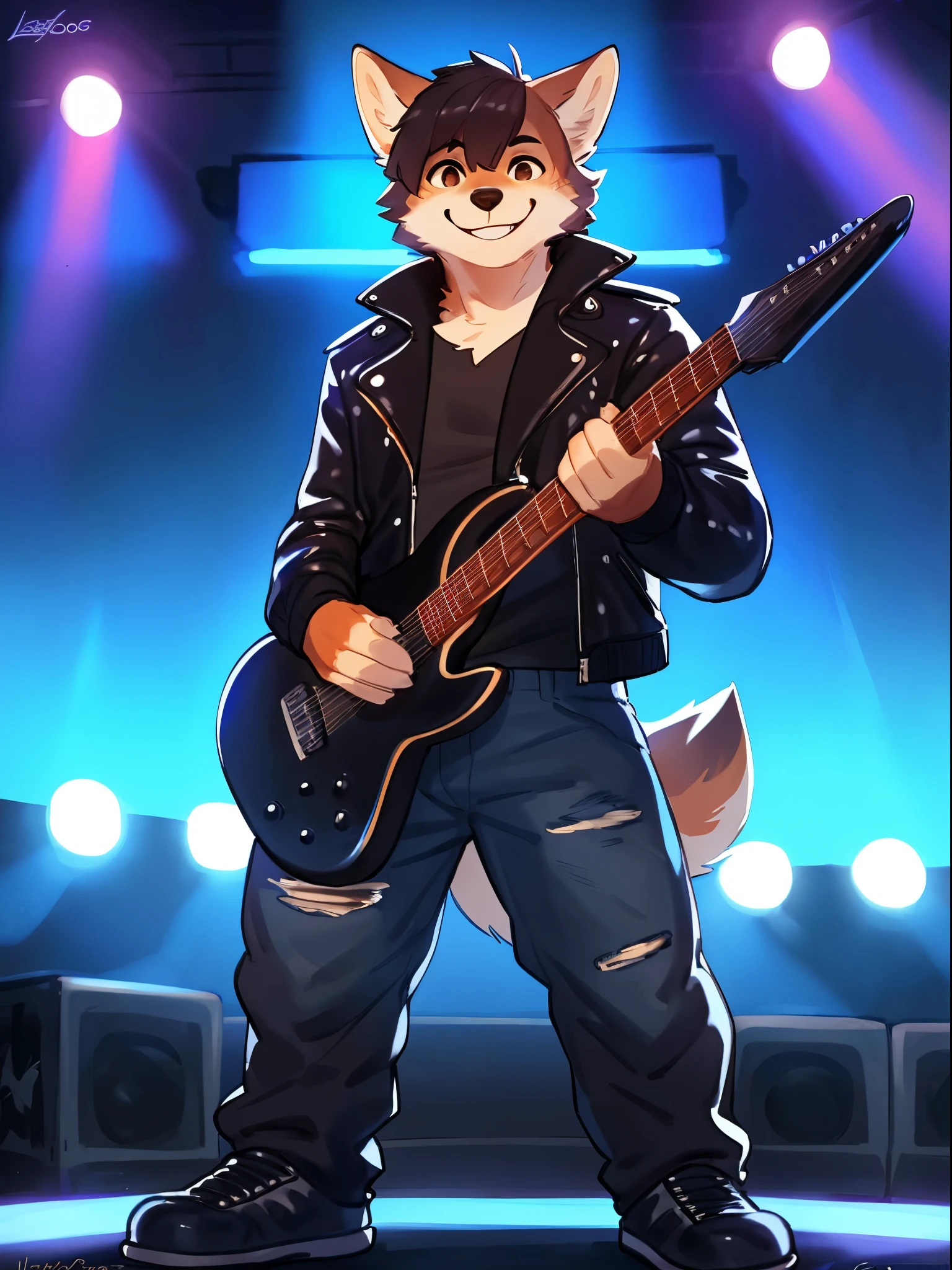 By bebebebebe, by lostgoose, by goonie-san, solo, wolf, cute, short, smiling, happy, leather jacket, jeans, standing, male, (playing electric guitar)), rock concert, standing on stage, hair, short hair