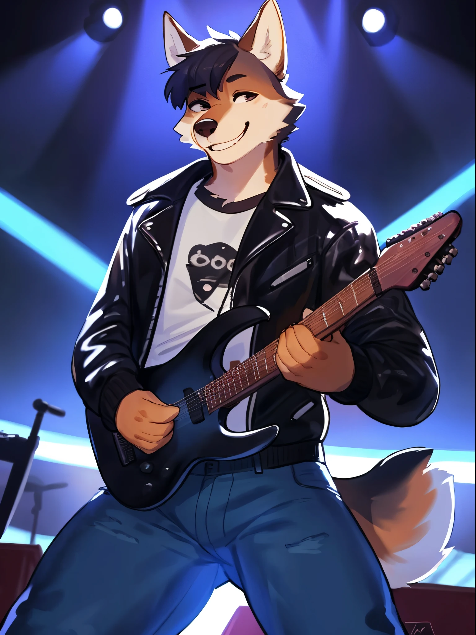 By bebebebebe, by lostgoose, by goonie-san, solo, wolf, cute, short, smiling, happy, leather jacket, jeans, standing, male, (playing electric guitar)), rock concert, standing on stage, hair, short hair