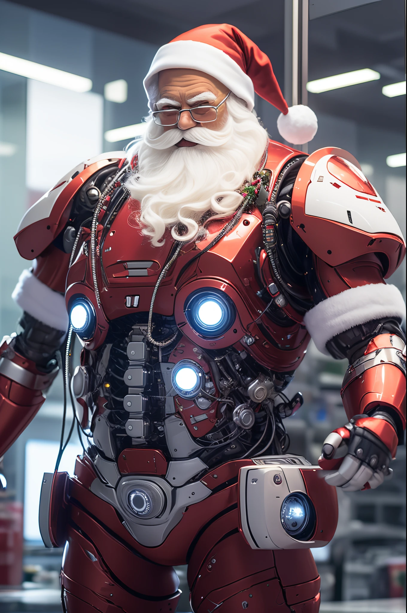 Robot Santa, Futuristic mechanical design，Combining elements of traditional Santa Claus with advanced technology. The robot may have a sleek metal body, Illuminated LED light, and a robotic arm that can efficiently distribute gifts.. It could have a digital display on its face，Imitate Santa&#39;s expression of joy and kindness. The scene can be set in a high-tech workshop full of automated machinery and conveyor belts, Robot Santa is busy preparing and sorting gifts for delivery. This futuristic twist on the traditional Santa Claus blends the magic of Christmas with the innovations of modern technology.