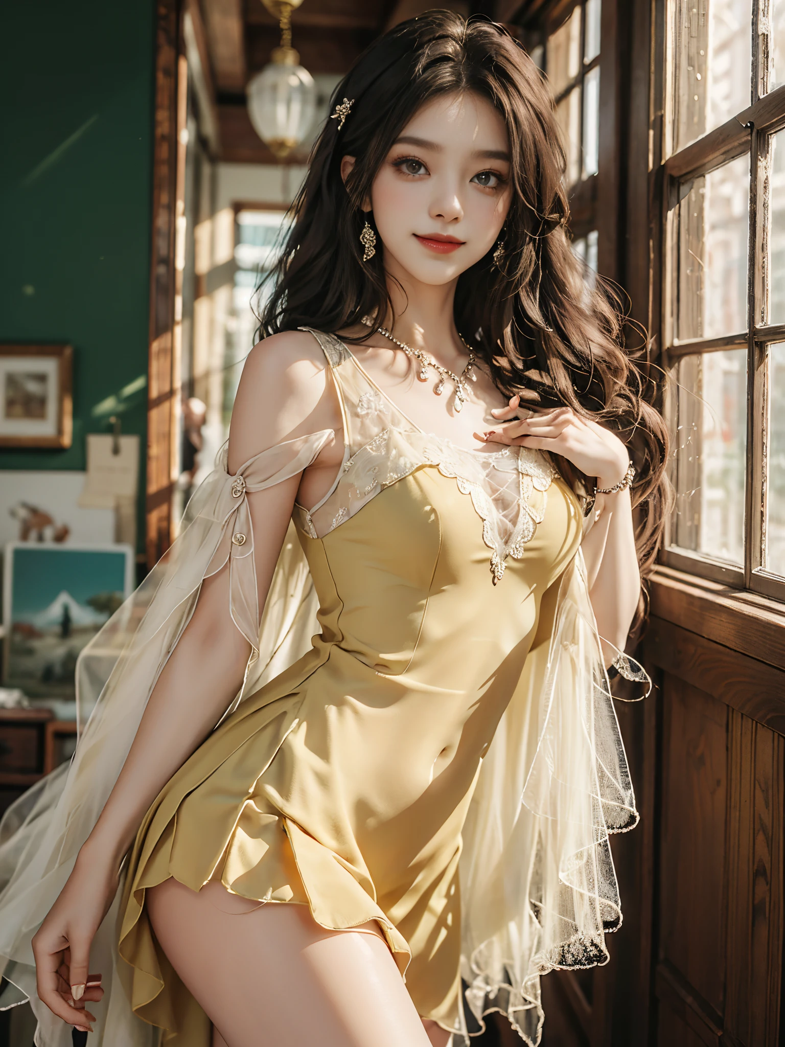 Sweet girl clothes9,yellow dress, fashi-girl. red lips, mature female, makeup, ((cowboy shot)), A beautyful girl, a young female model, randome pose, Pose gracefully, Cross ed leg, visually appealing, tmasterpiece, (Best quality, 4K, 8K, A high resolution, tmasterpiece:1.2), Warm color palette, ultra - detailed, Ultra-fine painting, delicated face, long slim figure, Slim, largeeyes, pretty eyes, Hefty Smile, Random shooting angle, Random scenes