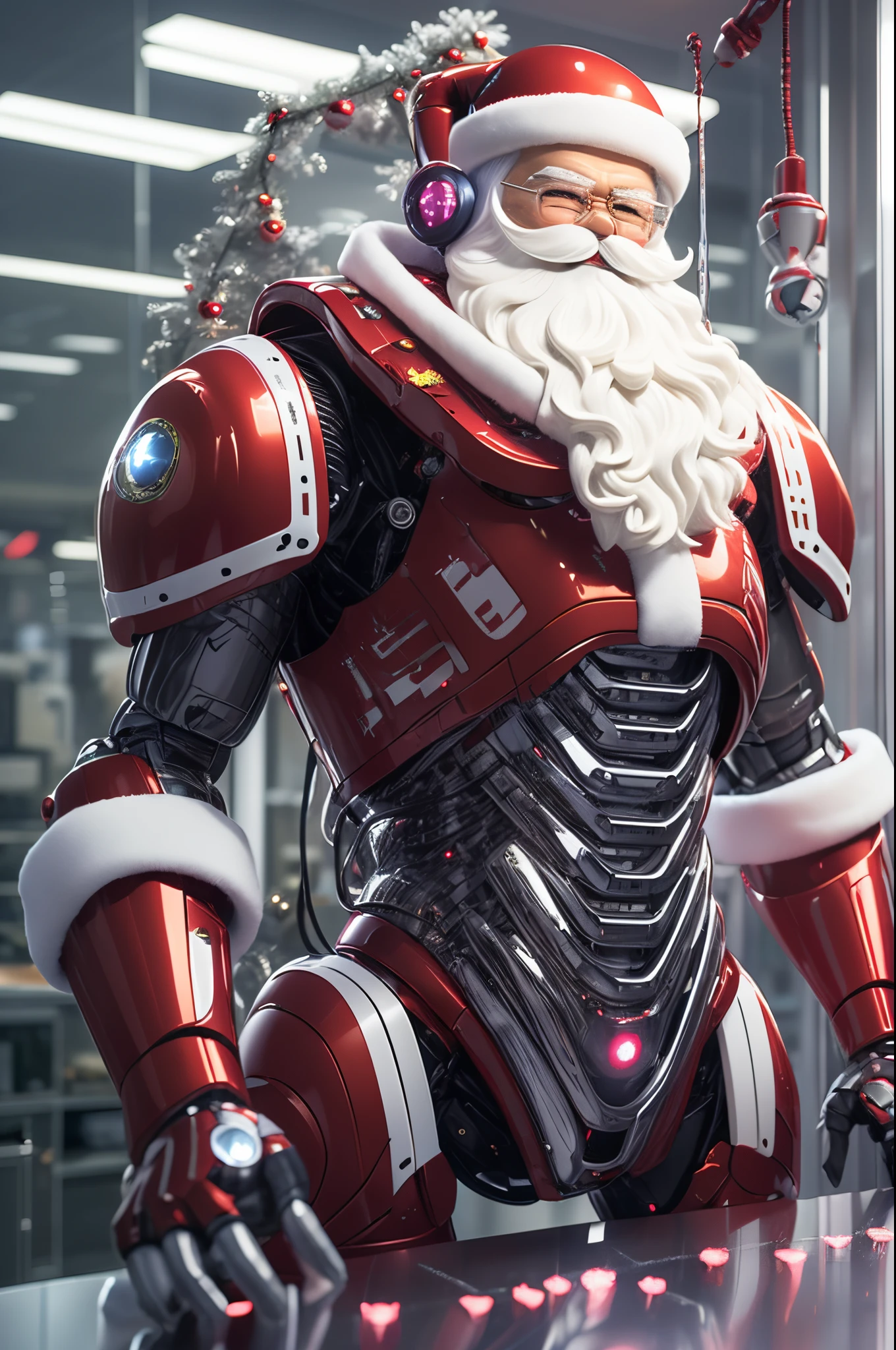 Robot Santa, Futuristic mechanical design，Combining elements of traditional Santa Claus with advanced technology. The robot may have a sleek metal body, Illuminated LED light, and a robotic arm that can efficiently distribute gifts.. It could have a digital display on its face，Imitate Santa&#39;s expression of joy and kindness. The scene can be set in a high-tech workshop full of automated machinery and conveyor belts, Robot Santa is busy preparing and sorting gifts for delivery. This futuristic twist on the traditional Santa Claus blends the magic of Christmas with the innovations of modern technology.