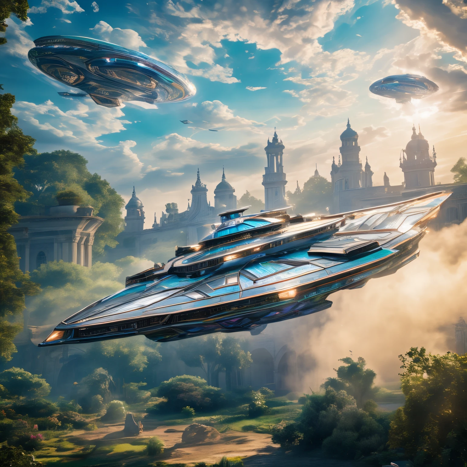 super high quality, 8k, RAW photo, realistic, detailed and delicate depiction and flashy and dynamic painting method, (a huge iridescent spaceship lands:1.1), In the garden of a medieval aristocratic mansion, tremendous winds, and billowing dust