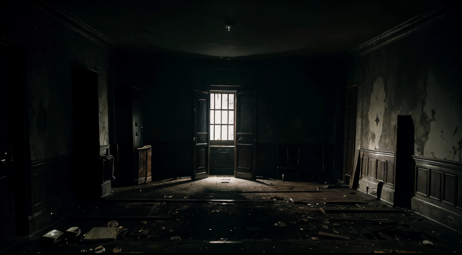 Room with a dark atmosphere, broken piano in the center of the room, dark and macabre mansion style environment from Resident Evil and alone in the dark. Dark, night-time atmosphere, sinister Outlast and Resident Evil style horror location. No characters in the scene. Pictures on the walls, broken TV.