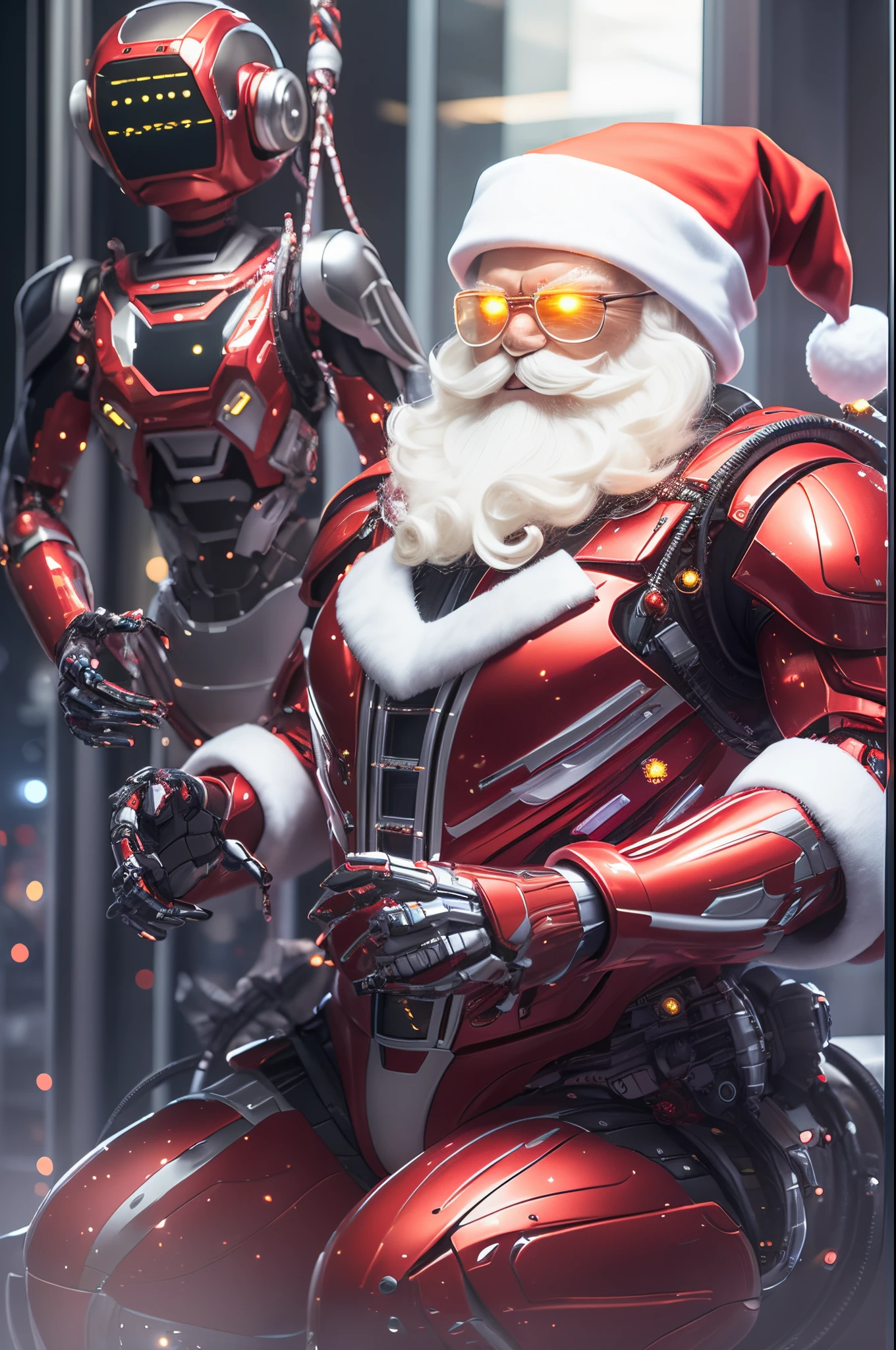 Robot Santa, Futuristic mechanical design，Combining elements of traditional Santa Claus with advanced technology. The robot may have a sleek metal body, Illuminated LED light, and a robotic arm that can efficiently distribute gifts.. It could have a digital display on its face，Imitate Santa&#39;s expression of joy and kindness. The scene can be set in a high-tech workshop full of automated machinery and conveyor belts, Robot Santa is busy preparing and sorting gifts for delivery. This futuristic twist on the traditional Santa Claus blends the magic of Christmas with the innovations of modern technology.