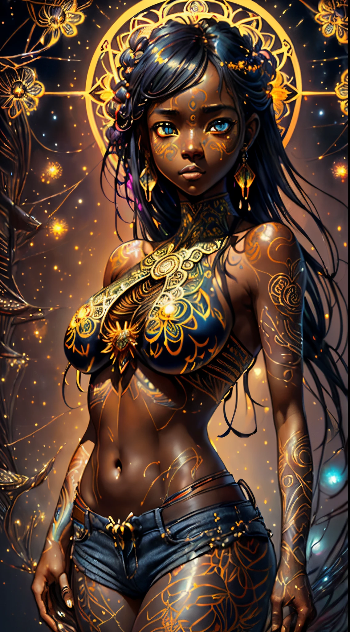 {Celestial hues, lofi, shiny aura, oil shine, cute, black girl in a crop top and baggy jeans, black hair, big pretty realistic eyes, golden tribal markings} solo ((( perfect dark skintone, perfect flawless face, highly detailed, intricate glowing motifs, beautifully detailed floral organic tracery, geometric, perfect composition, digital painting, artstation, concept art, smooth, sharp focus, illustration, Carne Griffiths, pixar, Victo ngai, Jean Baptiste Monge, beautiful, perfect eyes,  full lips, 8k, best quality, full shot )))