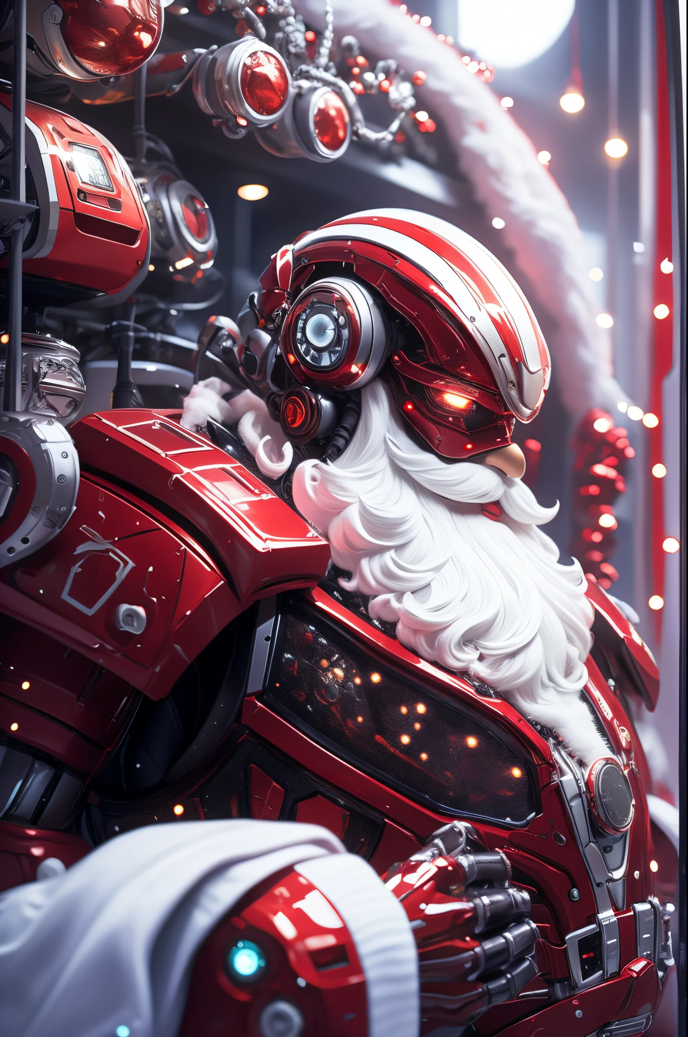 Robot Santa, Futuristic mechanical design，Combining elements of traditional Santa Claus with advanced technology. The robot may have a sleek metal body, Illuminated LED light, and a robotic arm that can efficiently distribute gifts.. It could have a digital display on its face，Imitate Santa&#39;s expression of joy and kindness. The scene can be set in a high-tech workshop full of automated machinery and conveyor belts, Robot Santa is busy preparing and sorting gifts for delivery. This futuristic twist on the traditional Santa Claus blends the magic of Christmas with the innovations of modern technology.