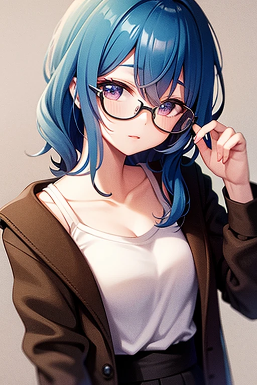 Girl wearing glasses avatar，blue hairs，short and wavy hair，Positive upper body