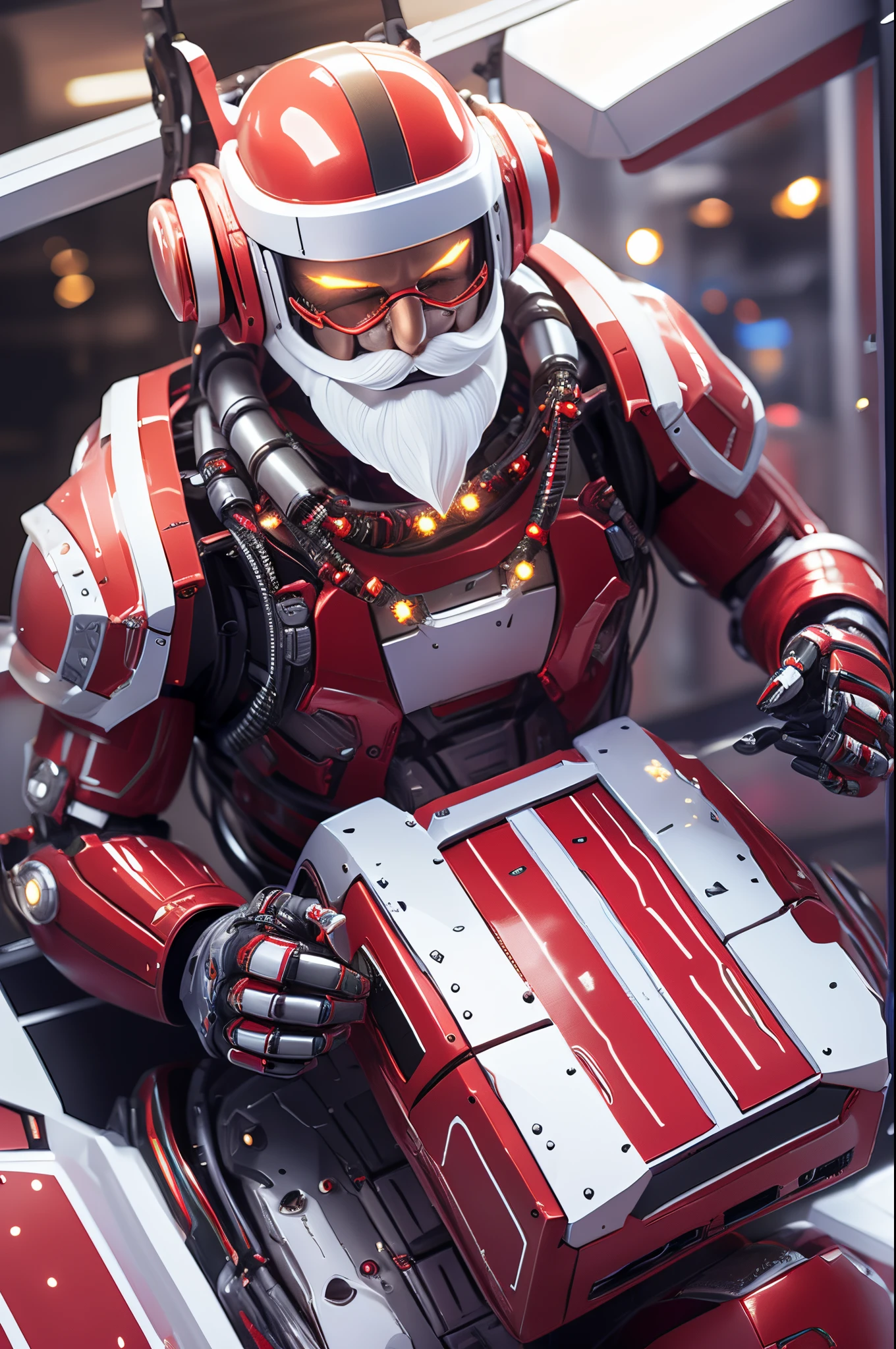 Robot Santa, Futuristic mechanical design，Combining elements of traditional Santa Claus with advanced technology. The robot may have a sleek metal body, Illuminated LED light, and a robotic arm that can efficiently distribute gifts.. It could have a digital display on its face，Imitate Santa&#39;s expression of joy and kindness. The scene can be set in a high-tech workshop full of automated machinery and conveyor belts, Robot Santa is busy preparing and sorting gifts for delivery. This futuristic twist on the traditional Santa Claus blends the magic of Christmas with the innovations of modern technology.