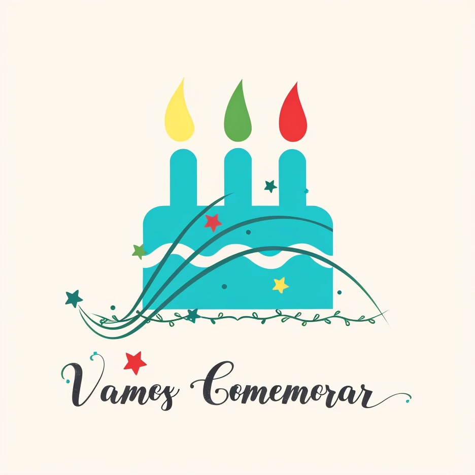 Logo of a birthday cake with three candles, nas chamas em amarelo, verde e vermelho. renderizado e vetorizado. Alto contraste, arte digital, alta resolução, detalhada com plano em preto