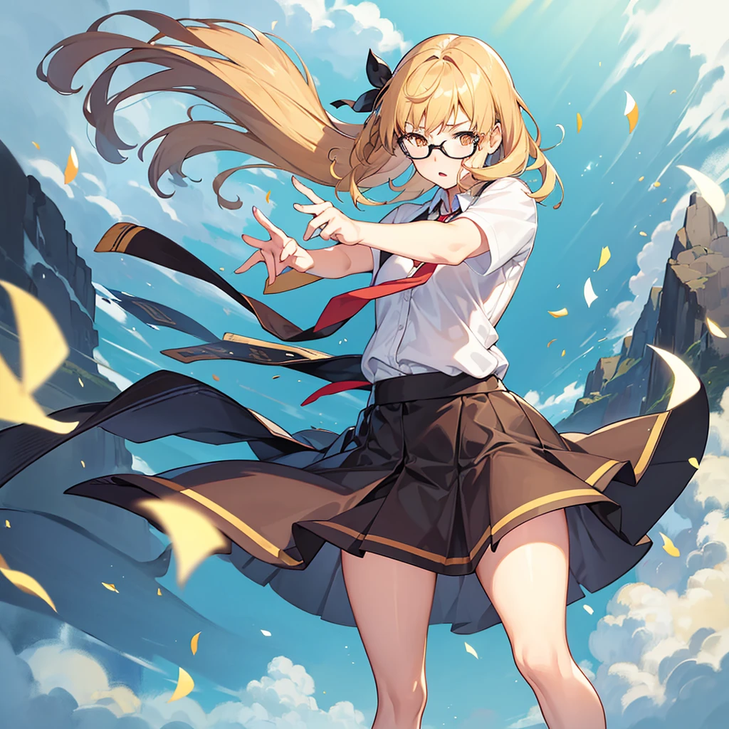 1girl, solo, soft lighting, fast running, blonde hair, orange eyes, surprised look, (wide open eyes), hair ribbon, short hair, brown hair, school uniform, necktie, belt, glasses, garden, (Strong winds are tearing up her skirt, showing underwear:1.4), (hold down the skirt with her hands:1.5), (High wind motion effects:1.3), Camera angle looking up from below, (pet kitten:1.2)