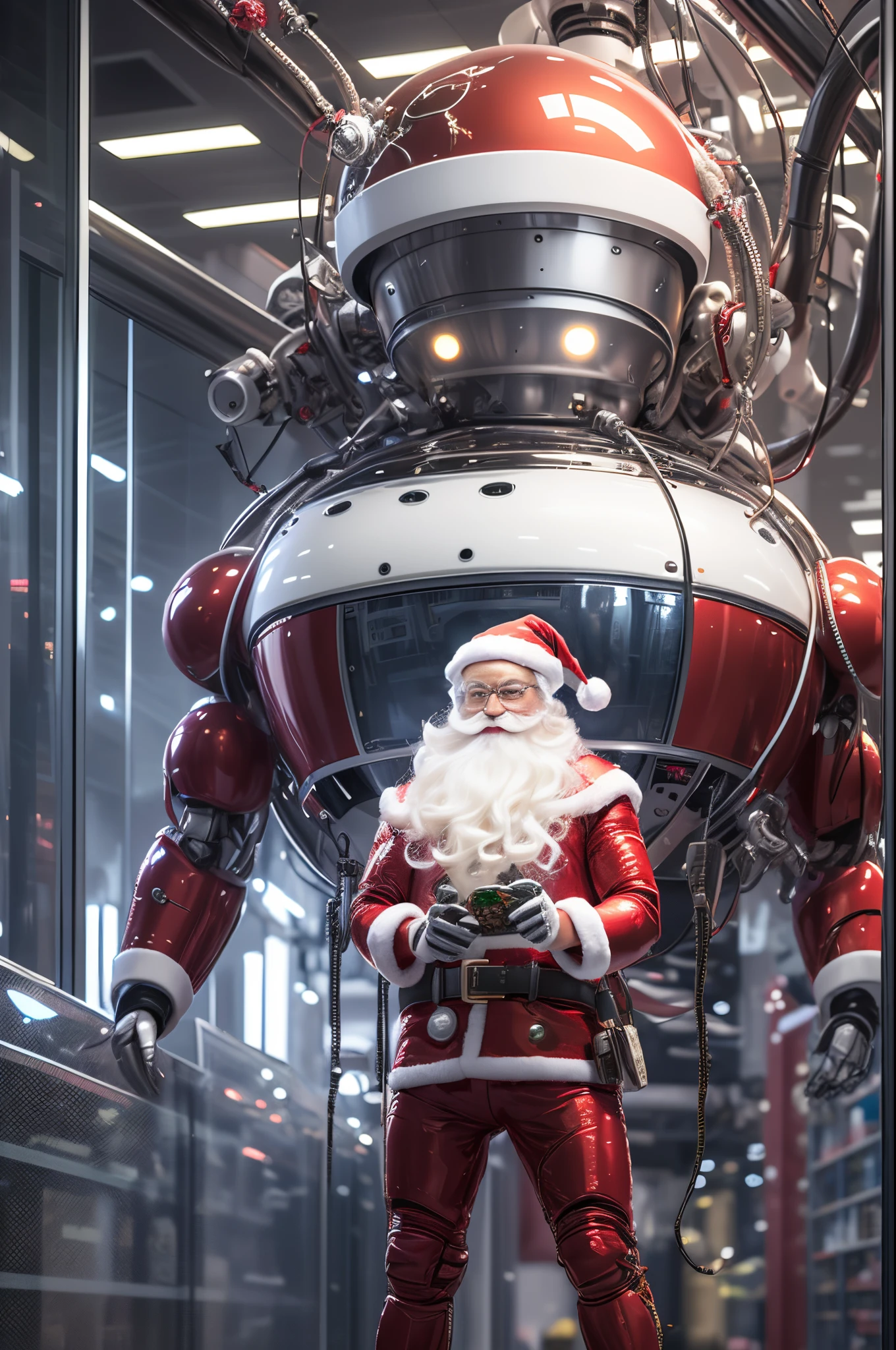 Robot Santa, Futuristic mechanical design，Combining elements of traditional Santa Claus with advanced technology. The robot may have a sleek metal body, Illuminated LED light, and a robotic arm that can efficiently distribute gifts.. It could have a digital display on its face，Imitate Santa&#39;s expression of joy and kindness. The scene can be set in a high-tech workshop full of automated machinery and conveyor belts, Robot Santa is busy preparing and sorting gifts for delivery. This futuristic twist on the traditional Santa Claus blends the magic of Christmas with the innovations of modern technology.