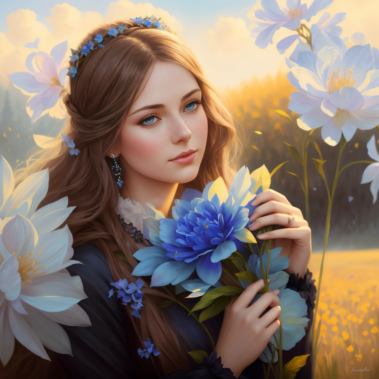 picture of a woman with long hair and blue eyes in a field, beautiful fantasy art portrait, fantasy art portrait, fantasy portrait art, beautiful fantasy portrait, fantasy portrait, gorgeous digital painting, beautiful digital painting, Detailed matte fantasy portrait, beautiful digital illustration, in the art style of bowater, Fantasy genre portrait, karol bak uhd, beautiful digital artwork