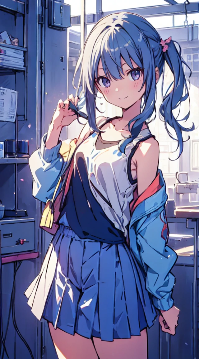 masutepiece, Best Quality,Illustration, Wallpaper, ultra -detail, 1little girl、♡、Futomo、Poses in motion、soft smiling、Summer scenery、Tank tops、a miniskirt