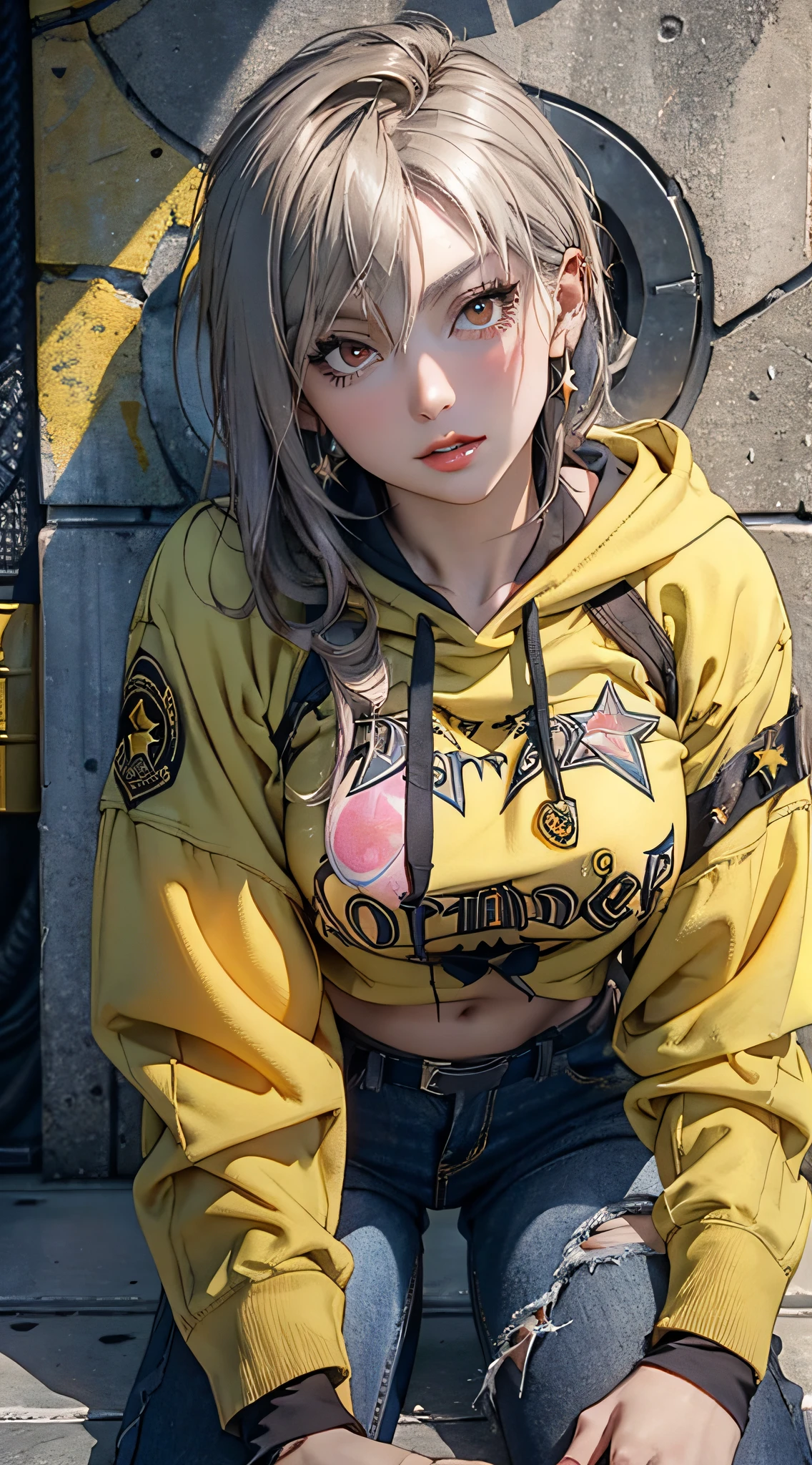 (NSFW),(((Superstar:1.3)))、Glamorous、Professional Woman Photography、Lover's perspective,  Gentle sister、Beautiful mafia tanned woman photo, ((Punk style)),  ((blue and gold hoodie, ripped pale jeans,pink buckle、Peach-colored hair)), Realistic, Beautiful lips, Brown eyes, of the highest quality, Ultra Detail, trending on artstationh,  Mature beautiful face,