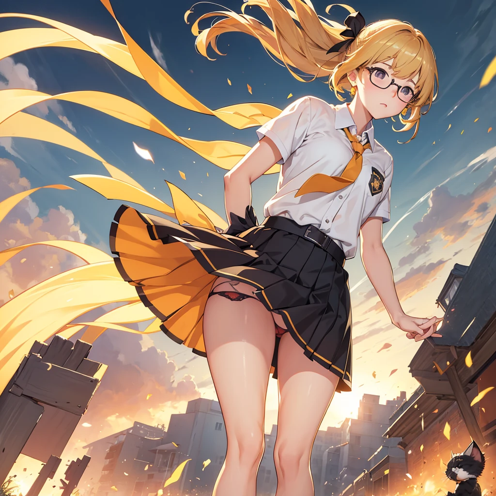 1girl, solo, soft lighting, fast running, blonde hair, orange eyes, surprised look, (wide open eyes), hair ribbon, short hair, brown hair, school uniform, necktie, belt, glasses, garden, (Strong winds are tearing up her skirt, showing underwear:1.4), (hold down the skirt with her hands:1.5), (High wind motion effects:1.3), Camera angle looking up from below, (pet kitten:1.2)