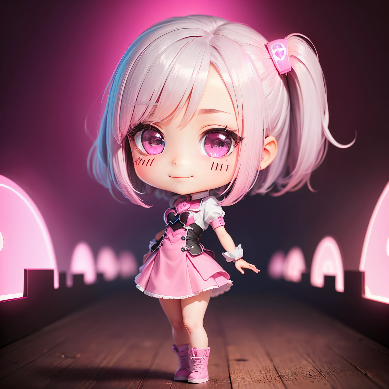 ​masterpiece、top-quality、ultra-detailliert、(1 chibi character girl:1.3)(realisitic、hight resolution)、Do-Up Eye、Gray Hair Bob、(Eyes are pink and heart-shaped.:1.3)、(Pink glowing three-dimensional heart on background:1.3)、Full-body standing figure、A smile