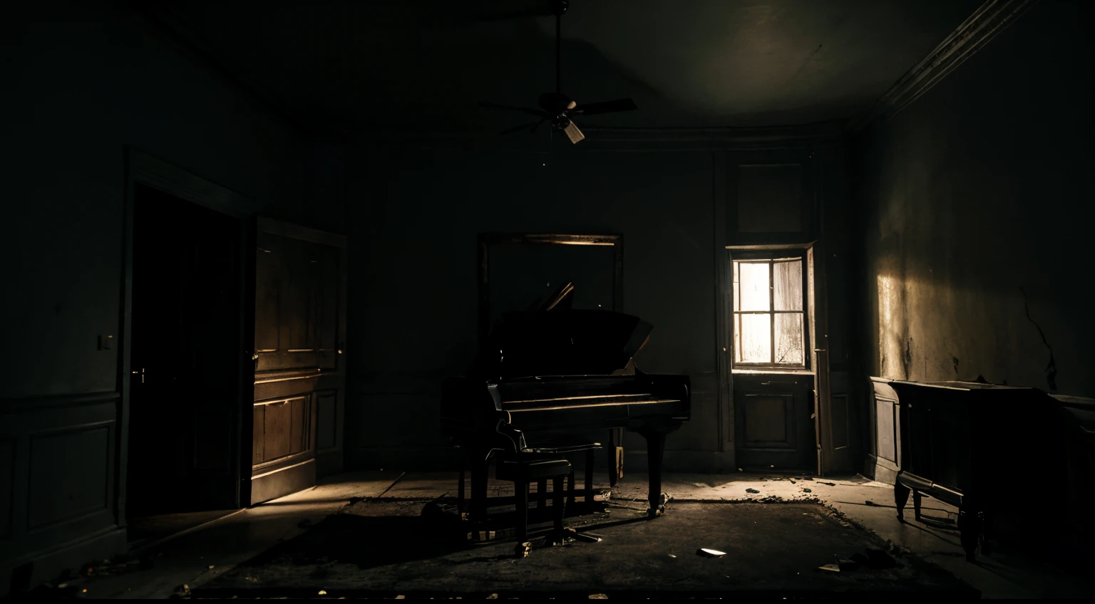 Room with a dark atmosphere, broken piano in the center of the room, dark and macabre mansion style environment from Resident Evil and alone in the dark. Dark, night-time atmosphere, sinister Outlast and Resident Evil style horror location. No characters in the scene. Pictures on the walls, broken TV.