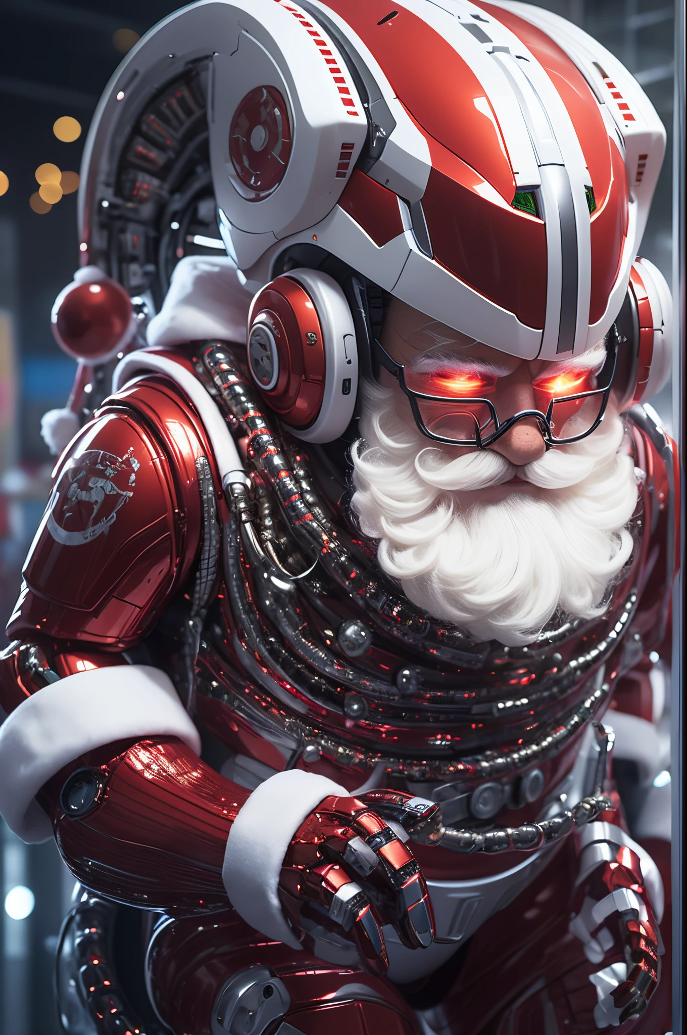 Robot Santa, Futuristic mechanical design,Combining elements of traditional Santa Claus with advanced technology. The robot may have a sleek metal body, Illuminated LED light, and a robotic arm that can efficiently distribute gifts.. It could have a digital display on its face,Imitate Santa's expression of joy and kindness. The scene can be set in a high-tech workshop full of automated machinery and conveyor belts, Robot Santa is busy preparing and sorting gifts for delivery. This futuristic twist on the traditional Santa Claus blends the magic of Christmas with the innovations of modern technology.