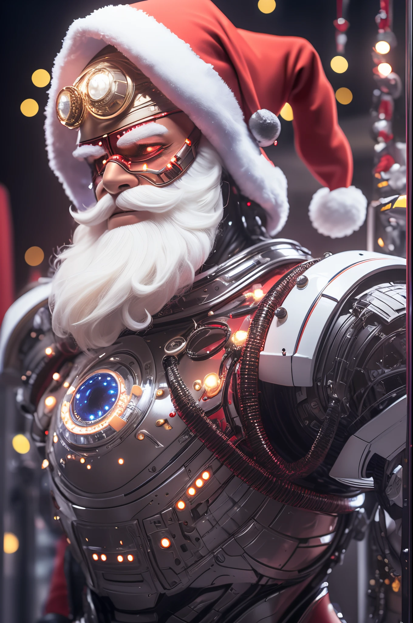 Robot Santa, Futuristic mechanical design，Combining elements of traditional Santa Claus with advanced technology. The robot may have a sleek metal body, Illuminated LED light, and a robotic arm that can efficiently distribute gifts.. It could have a digital display on its face，Imitate Santa&#39;s expression of joy and kindness. The scene can be set in a high-tech workshop full of automated machinery and conveyor belts, Robot Santa is busy preparing and sorting gifts for delivery. This futuristic twist on the traditional Santa Claus blends the magic of Christmas with the innovations of modern technology.