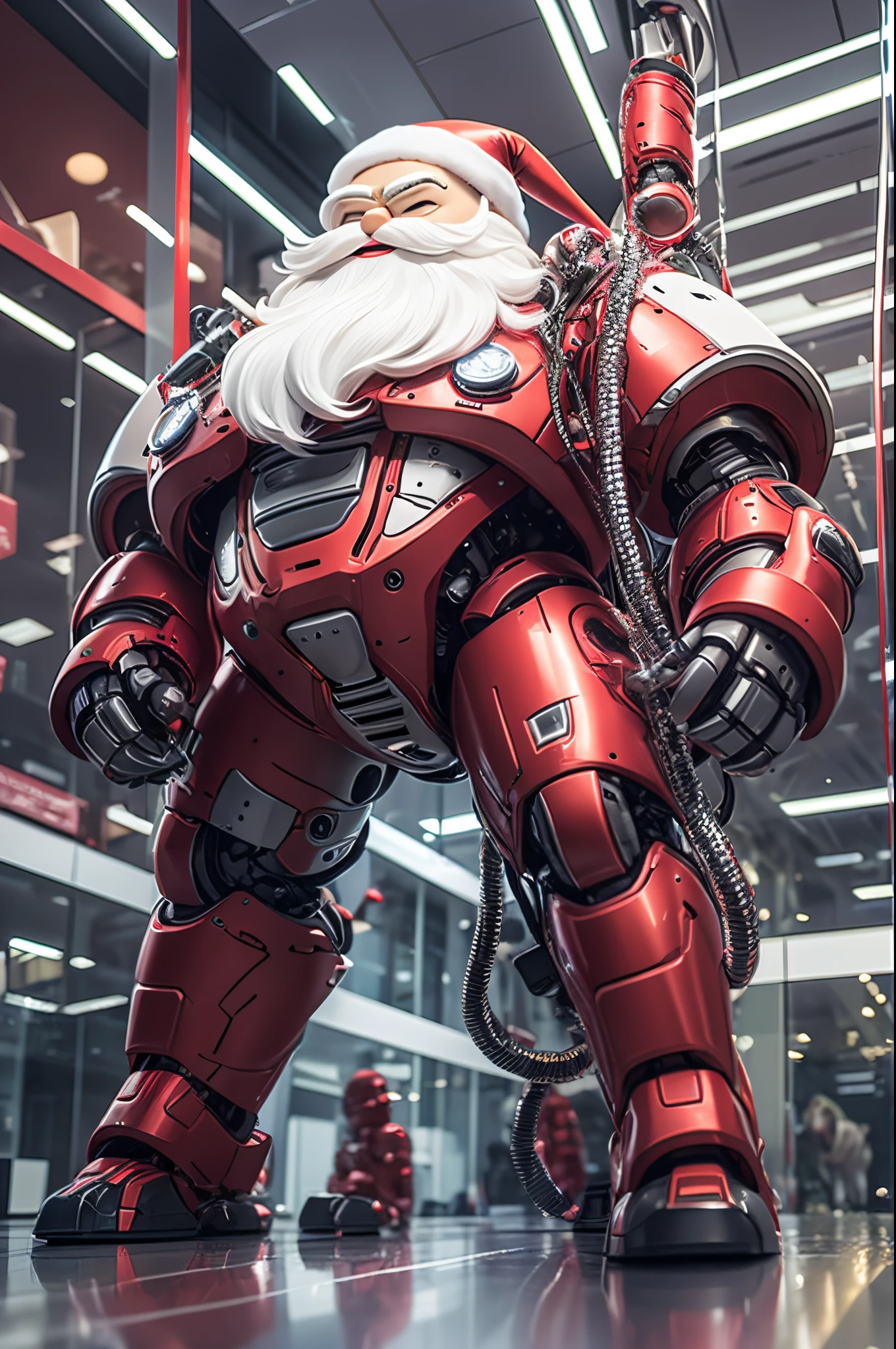 Robot Santa, Futuristic mechanical design，Combining elements of traditional Santa Claus with advanced technology. The robot may have a sleek metal body, Illuminated LED light, and a robotic arm that can efficiently distribute gifts.. It could have a digital display on its face，Imitate Santa&#39;s expression of joy and kindness. The scene can be set in a high-tech workshop full of automated machinery and conveyor belts, Robot Santa is busy preparing and sorting gifts for delivery. This futuristic twist on the traditional Santa Claus blends the magic of Christmas with the innovations of modern technology.