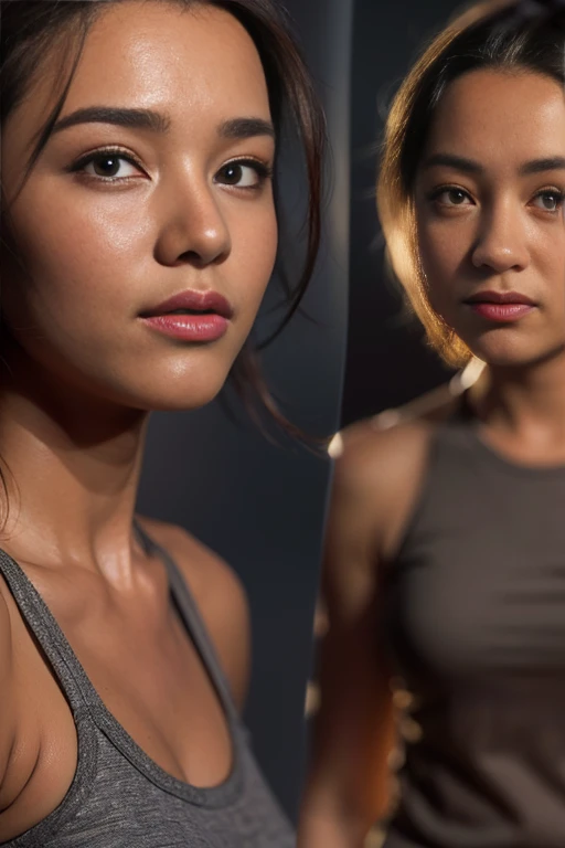 a beautiful young Asian woman with blond hair and a bodybuilder physique, huge breasts, wearing a white turtle neck shirt, cinematic medium close-up portrait, Key light, backlight, natural lighting, photography 400 ISO film grain 30mm lens RAW aperture f1.8, art photographer, movie still poster from Lord of the Rings, medium intricate print, choker
