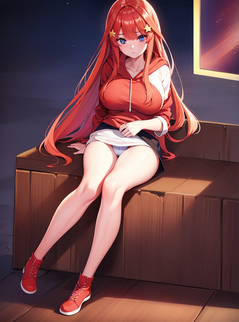 Satsuki Nakano, Itsuki Nakano, Bangs, Blue eyes, hair between eye, Ahoge, Red hair, Star \(symbol\), Hair Ornament, Star hair ornament、I'm blushing,B Leak point:1.2), Best Quality, High resolution, Unity 8k壁纸, (Illustration:0.8), (Beautiful detailed eyes:1.6), extra detailed face, Perfect Lighting, extremely details CG, (Perfect hands, Perfect Anatomy),Red hoodie(The large),Black shorts,white light stockings grown short boots,poneyTail