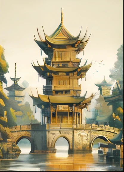 There is a painting of a pagoda in a park，There is a bridge, digital painting of a pagoda, Chinese architecture, ancient chinese pagoda, author：Hero, Chinese Ancient Architecture, Yellow crane tower，There are cranes，Chinese architecture, , Oriental scene, highly detailed art, Chinese landscape, ancient china art style, Inspired by Toshi Yoshida