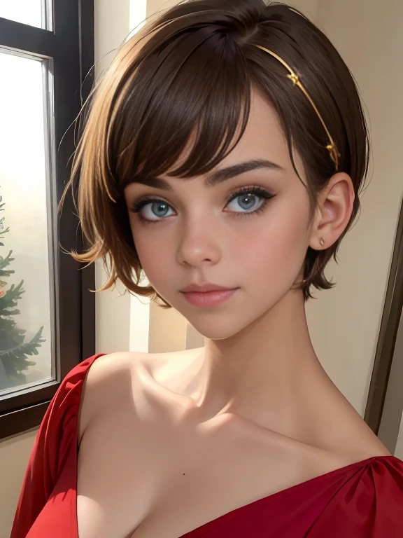 Photo of a 15-year-old European girl, RAW, beautiful woman, pecas en mejillas y nariz ,hermosos ojos azules(Light brown hair pixie haircut),corte de cabello pixie ((retrato)), ((Cara detallada:1.2)), ((Detailed facial features)), (Piel finamente detallada) ,lindo maquillaje, Purple eyeshadows on eyelids (cool color), (Masutepiece) (proporciones perfectaotos realistas)(La mejor calidad), NffSW, (8k) (papel tapiz) (cinematic lighting) (Dramatic lighting) (foco nítido) (Enrevesado) , fondo variado , linda sonrisa, cuerpo completo, hermoso cuerpo , gargantilla negra , aretes de clip , vestido de Santa Claus , adornos de navidad , Christmas Dress, foto de cuerpo completo , disfraz de Santa Claus rojo , hermosa sonrisa