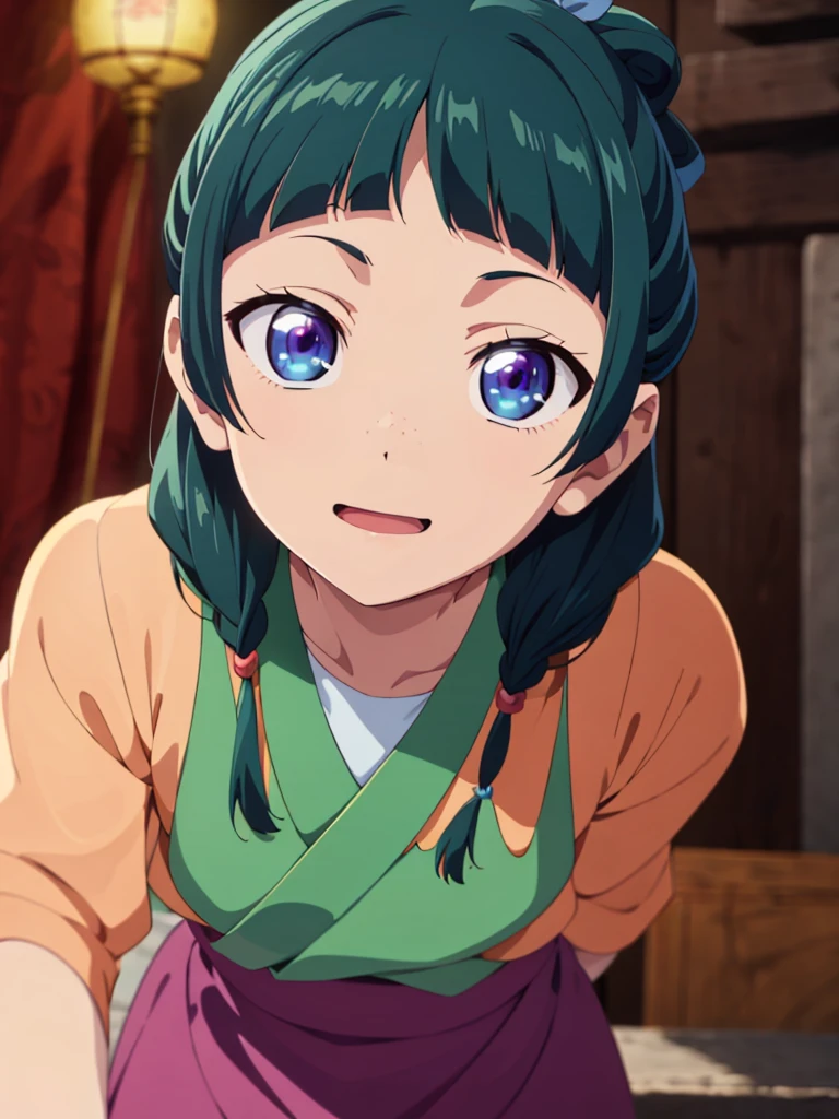 Maomao,1girl in,Blunt bangs,Green hair,Long hair,Blue eyes,Solo, Gon Green,side locks,Twin braids,hair over shoulder,hair beads,half updo,Single hair bun,Hair Ribbon,Blue Ribbon,hitornfreckles,Hanfu,Green kimono,Long sleeves,Wide sleeves,Purple skirt,long skirt,shoes,, Exquisite visuals, hight resolution,masutepiece,Best Quality,, 18year old,infp young woman,Beautiful fingers,Beautiful long legs,Beautiful body,Beautiful nose,Beautiful character design, Perfect eyes, Perfect face,Expressive eyes, Official art,Highly detailed CG Unity 8k wallpaper, Perfect Lighting,Colorful, Bright_front_Face_Lighting,Shiny skin, (masutepiece:1.0),(best_quality:1.0), 超A high resolution,4K,Ultra-detailed, Photography, 8K, nffsw, hight resolution, absurderes:1.2, Kodak Portra 400, Film grain, Blurry background, Bokeh:1.2, Lens Flare, (Vibrant_Color:1.2), (Beautiful_Face:1.5),(narrow_waist), NSFW