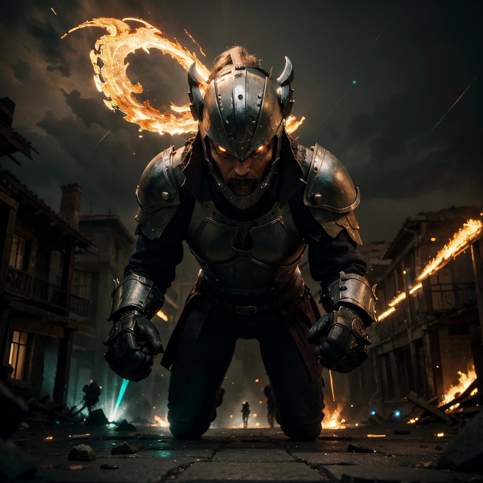(best quality,4k,highres,masterpiece:1.2),ultra-detailed,realistic, HDR,UHD,professional, vibrant colors, bokeh, steam powered knight, Tron style Neon green lit dragon, Medieval stone village, epic battle, mystical atmosphere, glowing runes, intricate armor, flamboyant cape, glowing eyes, menacing claws, fiery breath, crumbling buildings, cobblestone streets, flying debris, intense lighting effects, dynamic action poses, dramatic perspective, ancient ruins, surreal landscape