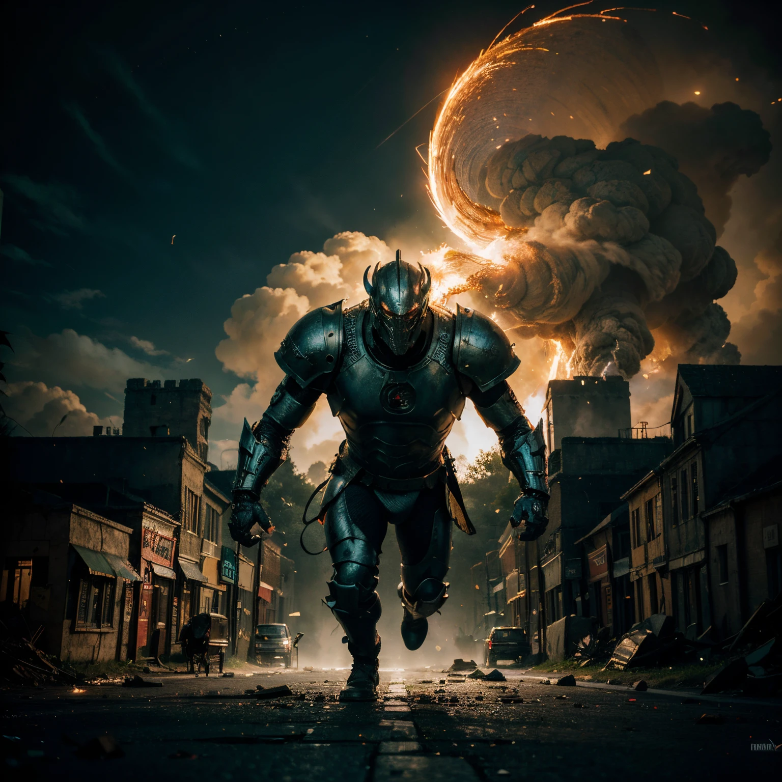 (best quality,4k,highres,masterpiece:1.2),ultra-detailed,realistic, HDR,UHD,professional, vibrant colors, bokeh, steam powered knight, Tron style Neon green lit dragon, Medieval stone village, epic battle, mystical atmosphere, glowing runes, intricate armor, flamboyant cape, glowing eyes, menacing claws, fiery breath, crumbling buildings, cobblestone streets, flying debris, intense lighting effects, dynamic action poses, dramatic perspective, ancient ruins, surreal landscape