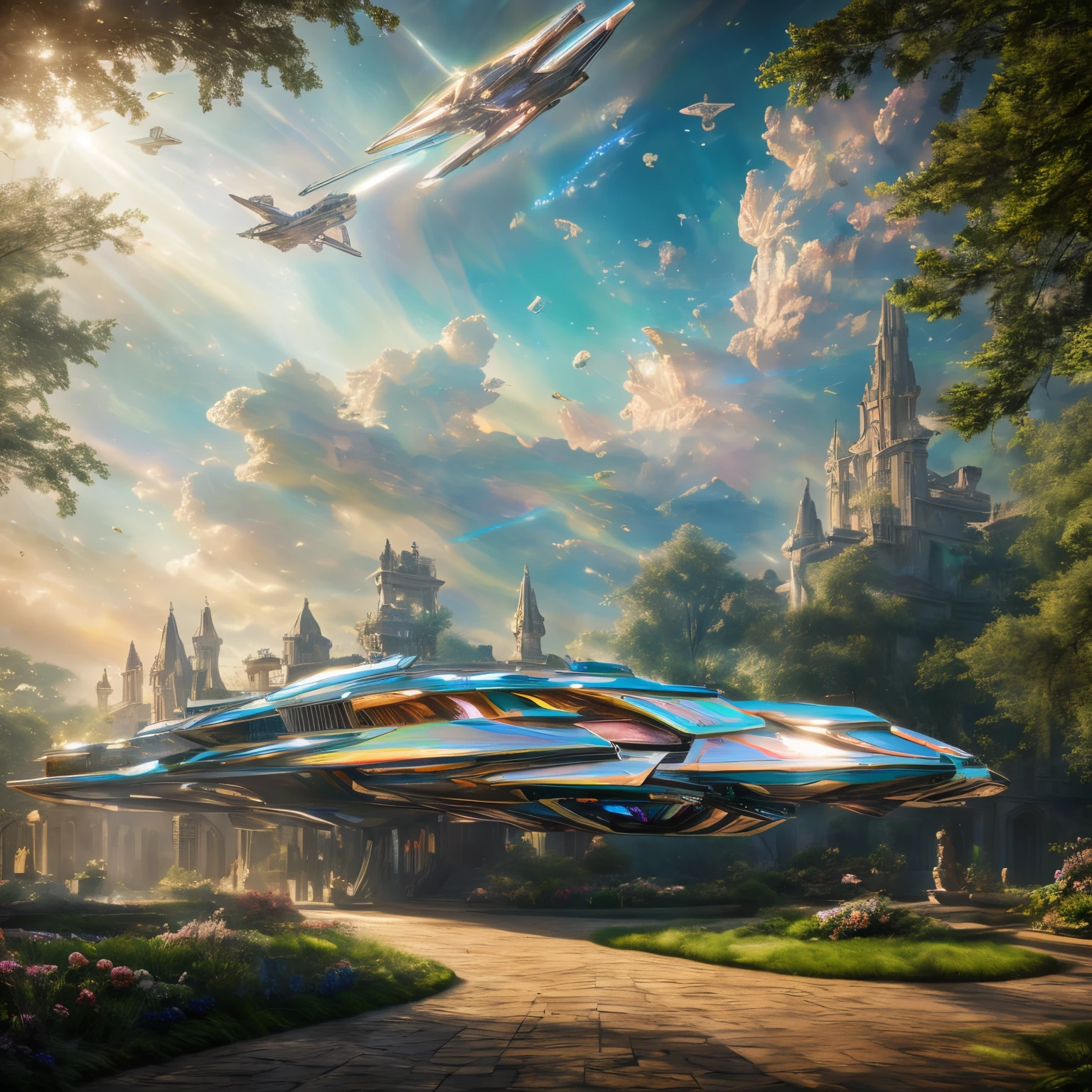 super high quality, 8k, RAW photo, realistic, detailed and delicate depiction and flashy and dynamic painting method, (a huge iridescent spaceship lands:1.2), In the garden of a medieval aristocratic mansion, tremendous winds, and billowing dust