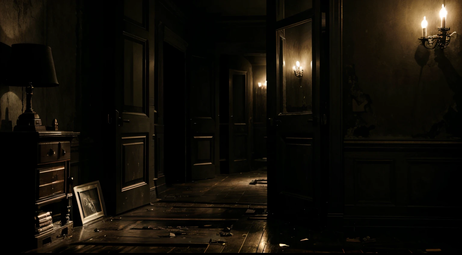 Room with a dark atmosphere, broken piano in the center of the room, dark and macabre mansion style environment from Resident Evil and alone in the dark. Dark, night-time atmosphere, sinister Outlast and Resident Evil style horror location. No characters in the scene. Pictures on the walls, broken TV.