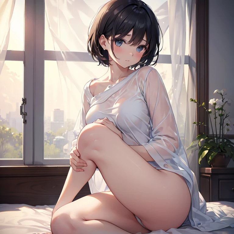 (best quality,4k,highres,masterpiece:1.2),ultra-detailed,realistic:1.37,portrait,bedroom,gentle light,serene,soft focus,subtle shadows,peaceful ambiance,smooth skin,delicate features,elegant profile,black short hair,graceful posture,luminous complexion,relaxed expression,peaceful environment,serenity,ethereal atmosphere,cute girl,no clothes