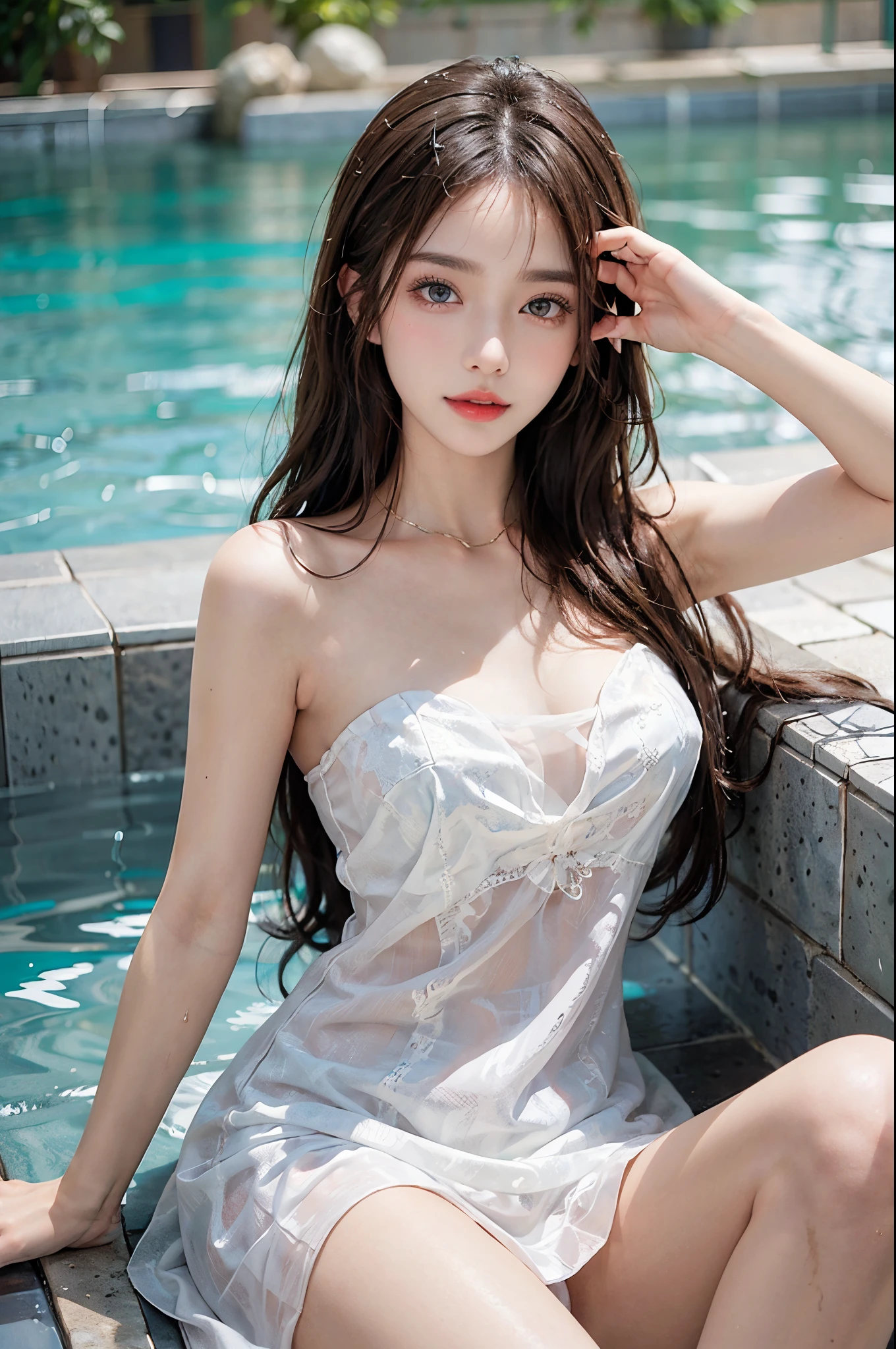 Sweet girl clothes4,strapless dress,jewelry,red lips,mature female,makeup, makeup, ((realistic)), ((reality: 1.5)), ((cowboy shot)), (best quality, masterpiece:1.2), ultra-detailed, (realistic:1.37), beautiful, youthful, glamorous model with (detailed eyes, detailed lips, extremely detailed eyes), with white and floral colors, showcasing a radiant smile, slender figure, long legs, creating a breathtaking depiction of a girl enjoying the water, wet clothes and hair, radiant sunlight, Elegant pose, random pose, random Angle of view, Splashing in the pool