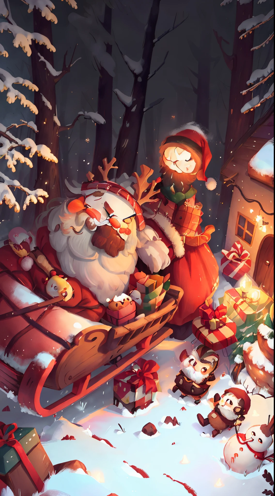 A sleigh loaded with gifts,The bottom of the sled is glowing,Sitting in front of the car is a Santa Claus with thick eyebrows, big eyes and a white beard.,reddish skin,The middle of the eyes is a square nose,Wearing an elk antler hairpin, There are gift packages behind the car, Below are two people in different clothes, a snowman and a house.,The house has faint lights,harmonious color scheme, Clean picture, 3d game art ,Fine picture quality,4k高清,with a sense of layering,depth of fields,contrast,high saturated,Lighting particles
