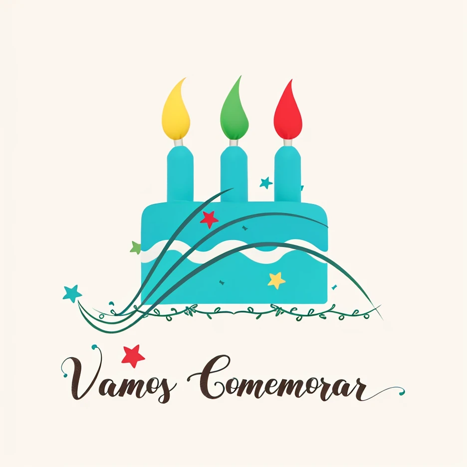 Logo of a birthday cake with three candles, nas chamas em amarelo, verde e vermelho. renderizado e vetorizado. Alto contraste, arte digital, alta resolução, detalhada com plano em preto