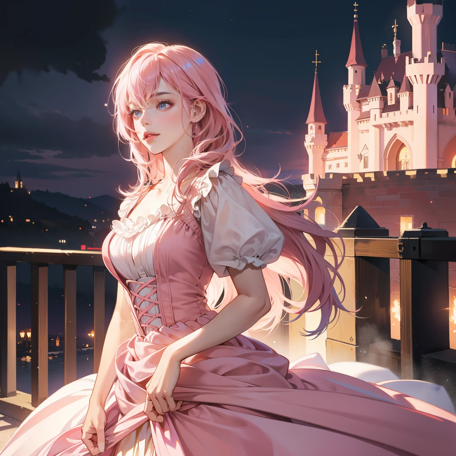 Masterpiece, high quality, best quality, HD, realistic, perfect lighting, detailed body, 1 woman, perfect eyes, medium pink hair, glowing, Pink princess dress, Castle background.