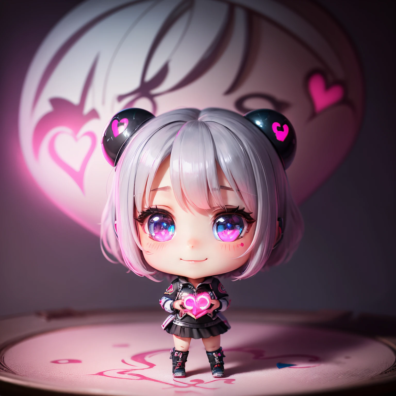masterpiece、top-quality、ultra-detailliert、(1 chibi character girl:1.3)(realisitic、hight resolution)、Do-Up Eye、Gray Hair Bob、(Eyes are pink and heart-shaped.:1.3) (Three-dimensional heart with glowing ink in the background:1.3)、Full-body standing figure、A smile