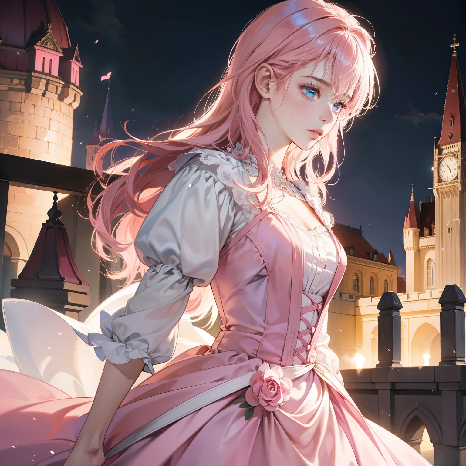 Masterpiece, high quality, best quality, HD, realistic, perfect lighting, detailed body, 1 woman, perfect eyes, medium pink hair, glowing, Pink princess dress, Castle background.