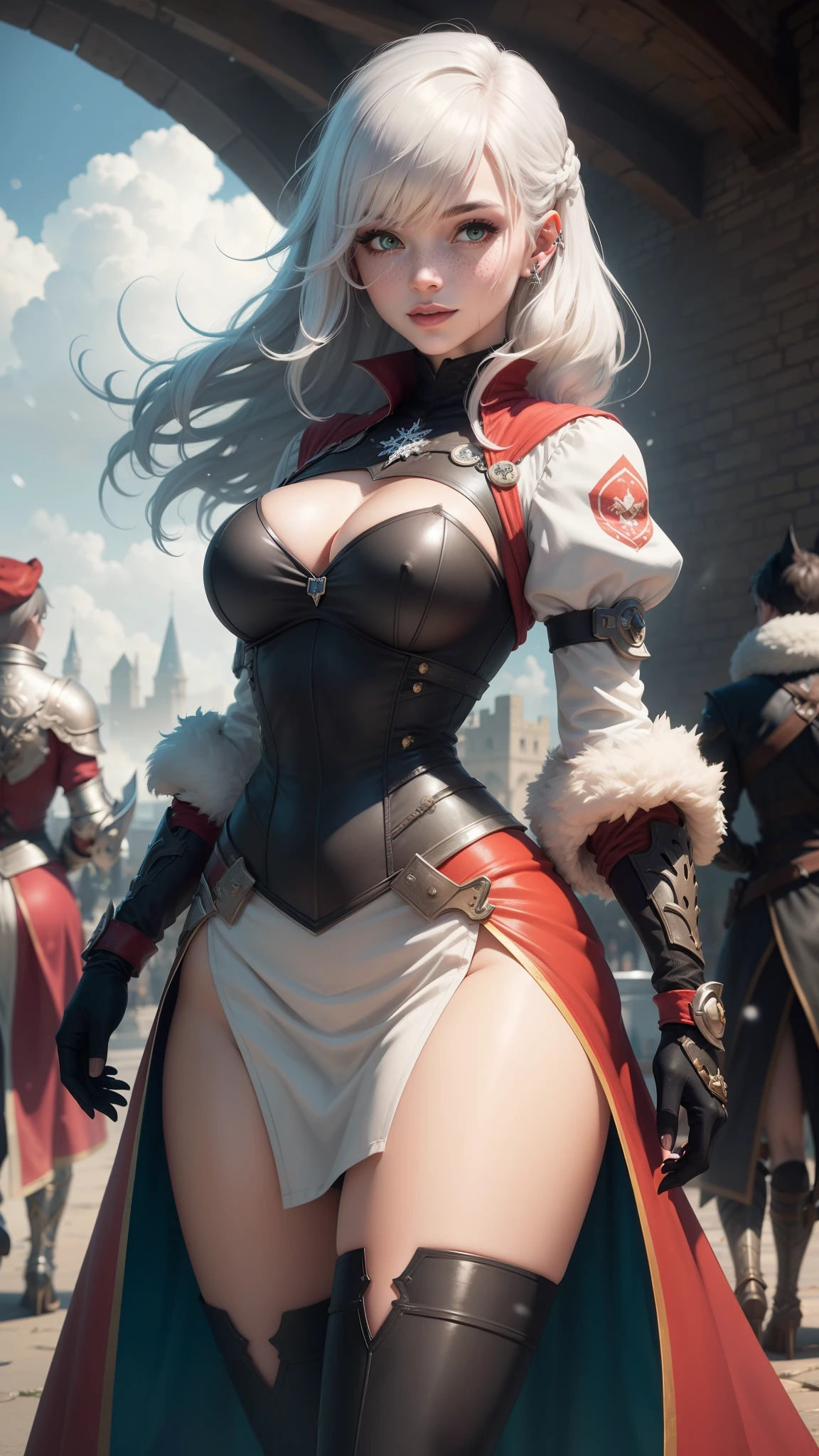 gwen tennyson,yorha 2b,tracer,y'shtola rhul,overwatch,atelier ryza,close up, castle siege battle,tattoos,red and white plugsuit,white short sleeve knight top,short sleeve knight full plate armor,long knight skirt,snowflake knight corset,long curly hair,princess makeup,green eyes,multicolored silver hair,long dress train,sexy smile, freckles,beautiful girl,knight thigh high boots,large breasts,8k,ultra detailed,realistic,fantasy art,crystal knight uniform,queen gown dress,hair jewelry,ear piercings,snowflake hand and neck jewelry,(weather:windy),1girl,long scarlet knight coat,battlefield,snowflake hair pin,